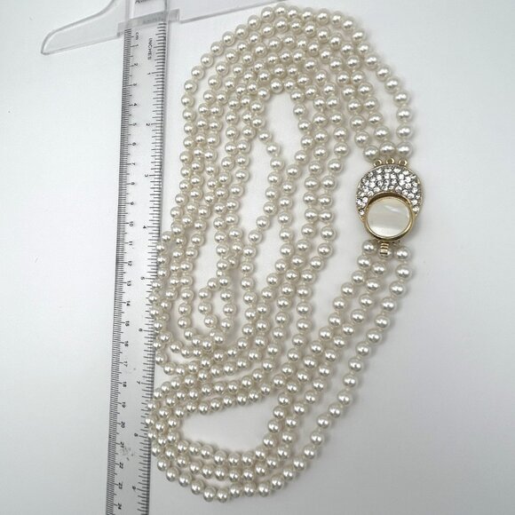 Vintage 3 Strand Faux Pearl Necklace with Rhinestone MOP Clasp Statement Bridal - Picture 5 of 11
